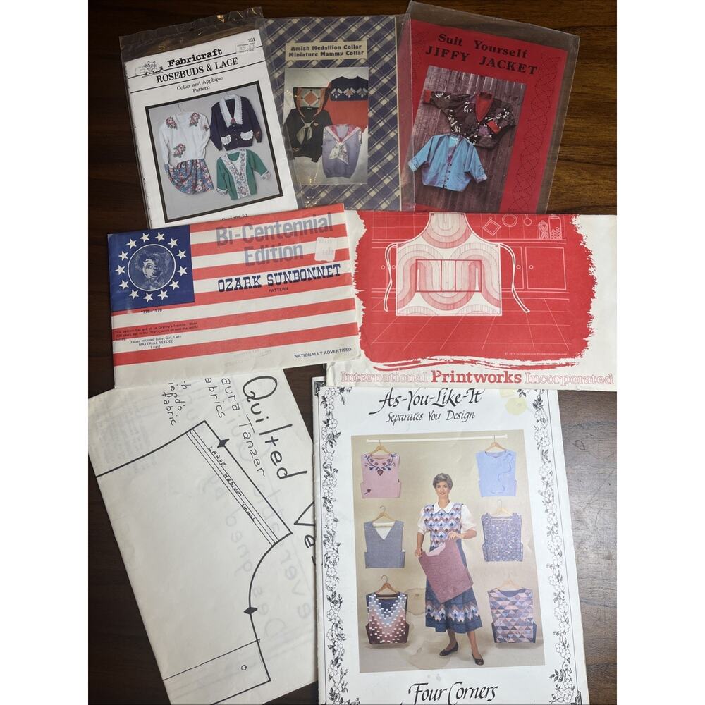 Vintage Lot of 7 Sewing Patterns: Vest, Sun Bonnet, Amish Collar, Apron - Craft